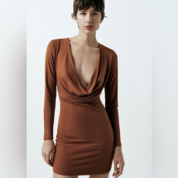 Elegant Brown Long Sleeve Cowl Neck Dress by Zara - Picture 1 of 6